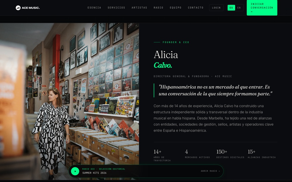 acemusica.com live — founder Alicia Calvo, 14 years of catalogue behind her