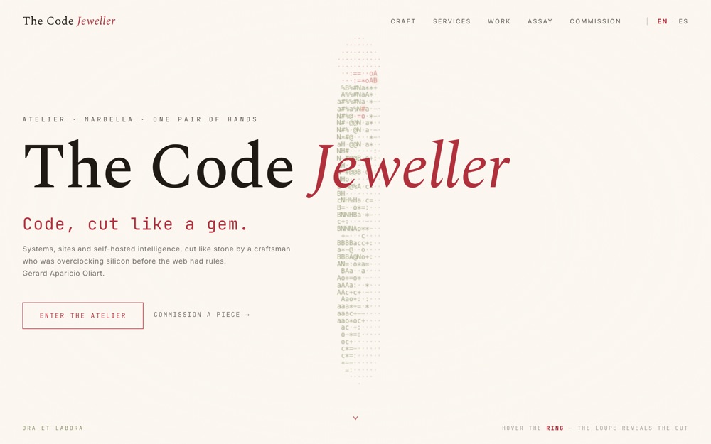 This atelier, live — the ASCII ring under the loupe